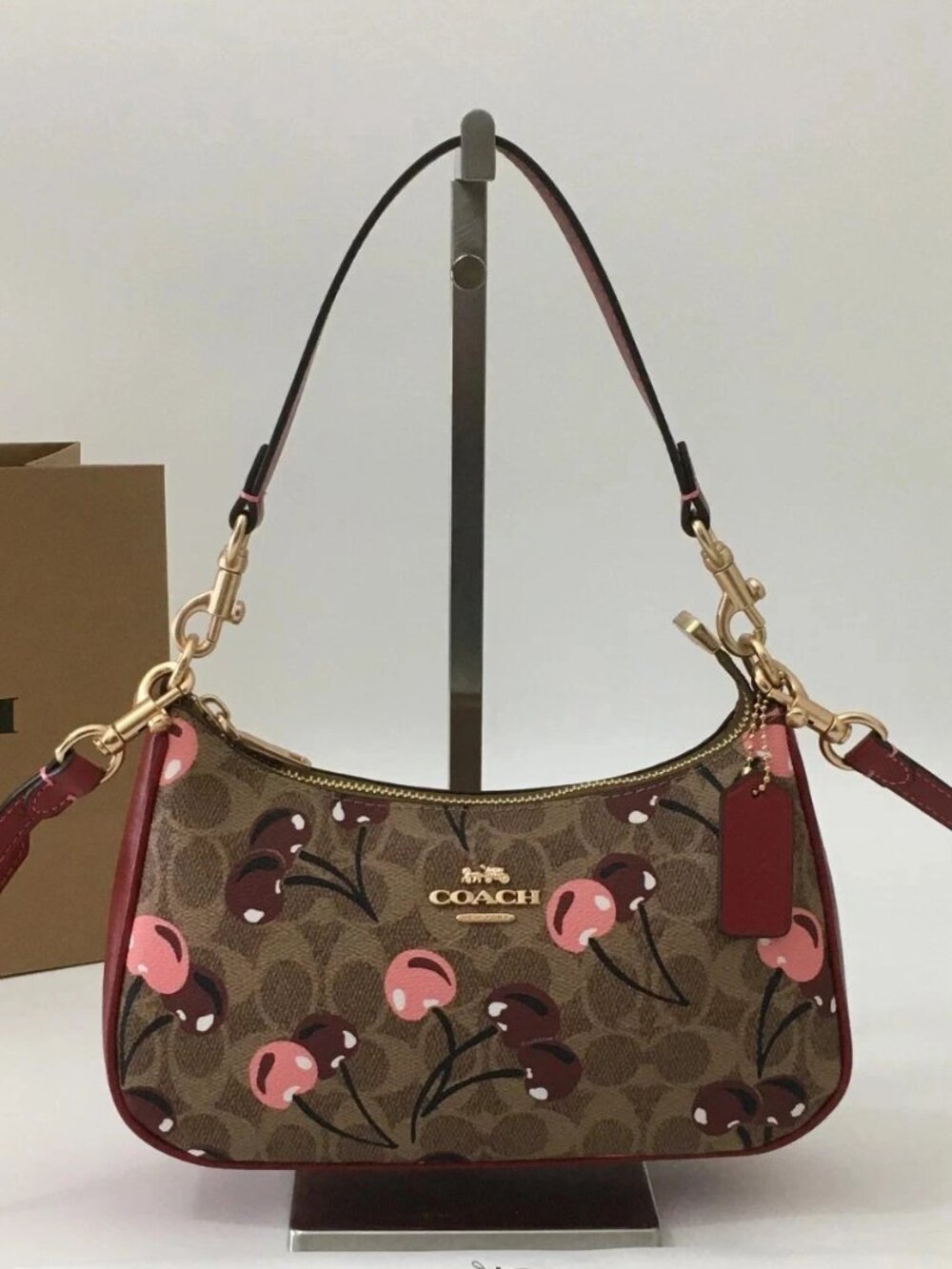 NWT COACH CY694 Teri Shoulder Bag Signature Canvas Cherry Print Tan Brown Outlet